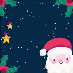merry christmas face santa stars and holly berry background