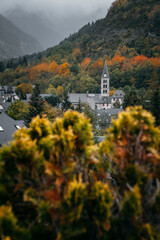 church of the town of Arties in the Aran Valley emerging among the trees during autumn