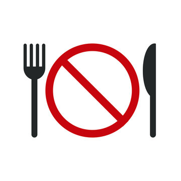 Not edible vector icon. No food symbol. Fork knife and prohibiton sign. Not to eat caution warning label. Package marking logo. Clip-art silhouette isolated on white background.