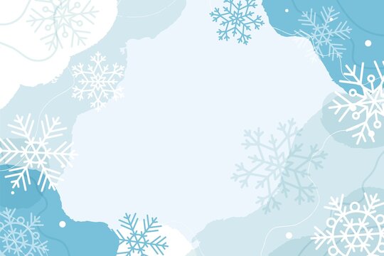 Abstract winter background with fluid organic shapes and snowflakes, pastel colors