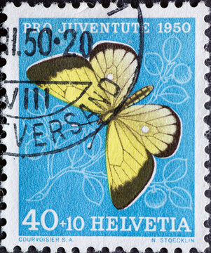 Switzerland - Circa 1950: a postage stamp printed in the swiss showing the yellow hay butterfly (Catocala fraxini) on bilberry