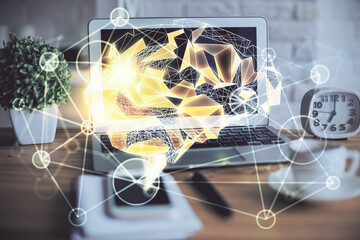 Double exposure of desktop computer and human brain drawing hologram. Ai concept.