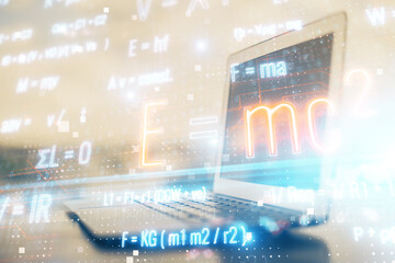 Desktop computer background and formula hologram writing. Double exposure. Education concept.