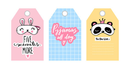Cute vector tags with sleep masks and quotes. Labels, badges with eye masks and sleep lettering phrases.