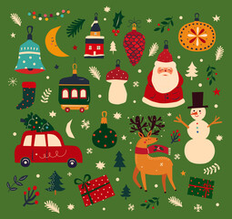 Christmas decorative banner with funny Santa Claus, vintage Christmas toys, Christmas tree and holiday elements. Christmas Greeting card. Christmas pattern