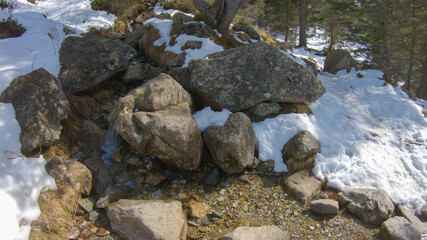 The Gaube Valley frozen path surrounded by rocky slope, spruce and pine trees, near the town of Cauterets in the Haute-Pyrénées department, France.