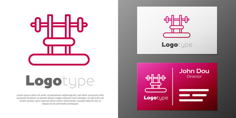 Logotype line Bench with barbel icon isolated on white background. Gym equipment. Bodybuilding, powerlifting, fitness concept. Logo design template element. Vector.
