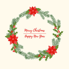 Christmas wreath from twigs of a tree and poinsettia. Round box for your text.