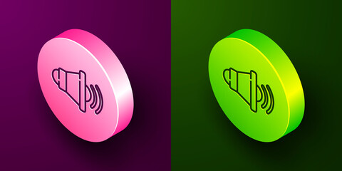 Isometric line Speaker volume, audio voice sound symbol, media music icon isolated on purple and green background. Circle button. Vector.