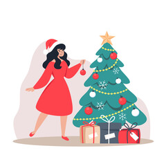 Girl in red dress decorates Christmas tree, vector illustration in flat style