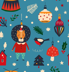 Christmas decorative seamless pattern with funny vintage Christmas toys, Christmas tree and holiday elements. Christmas pattern