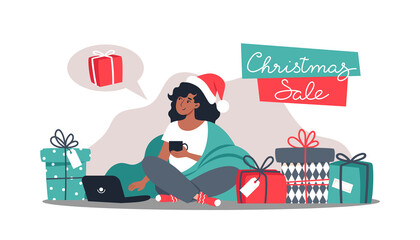Woman buys gifts in online store, New Year's and Christmas online shopping from home. Vector illustration in flat style