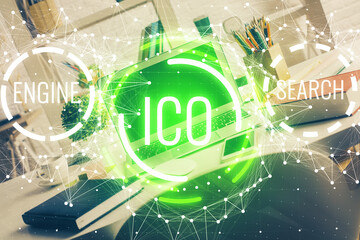 Multi exposure of blockchain and crypto economy theme hologram and table with computer background....
