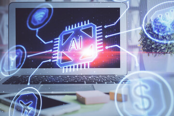 Multi exposure of desktop computer and technology theme hologram. Concept of software development.
