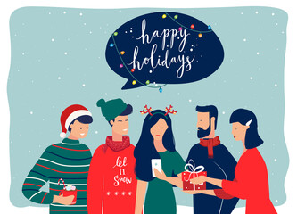 Set of illustrations with friends, a group of friends and a couple celebrating Christmas and New Year. Cartoon characters for holiday cards and banners.