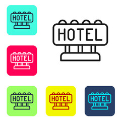 Black line Signboard outdoor advertising with text Hotel icon isolated on white background. Set icons in color square buttons. Vector.