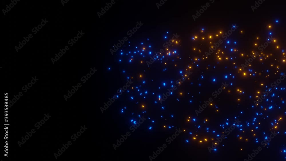 Poster beautiful random particles rotating in dark background. magical sparkling background with motion blu
