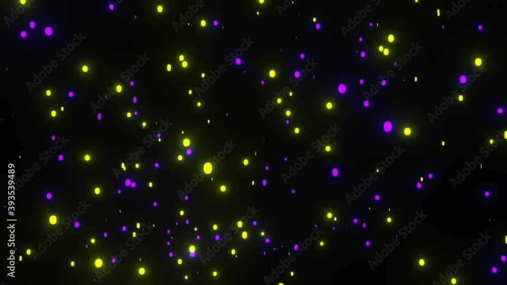 Poster floating up purple and yellow particle with motion blur in black background. beautiful background an