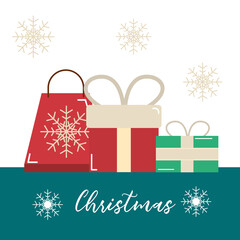 Fototapeta na wymiar merry christmas, shopping bag and gifts celebration card flat