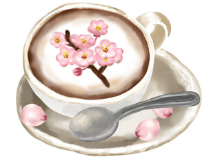 桜ラテアートのカプチーノ　イラスト素材
