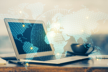 Multi exposure of business theme icons and work space with computer background. Concept of success.