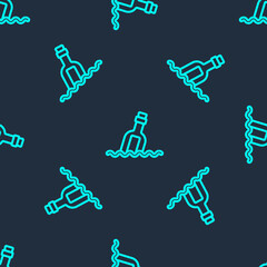 Green line Glass bottle with a message in water icon isolated seamless pattern on blue background. Letter in the bottle. Pirates symbol. Vector.