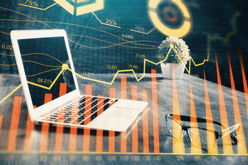 Multi exposure of forex chart and work space with computer. Concept of international online trading.