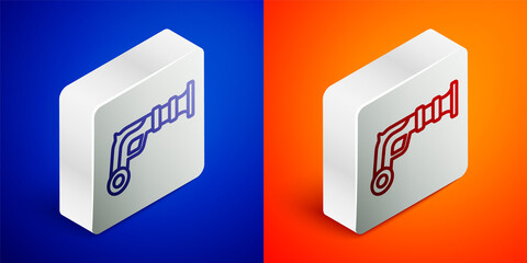 Isometric line Vintage pistols icon isolated on blue and orange background. Ancient weapon. Silver square button. Vector.