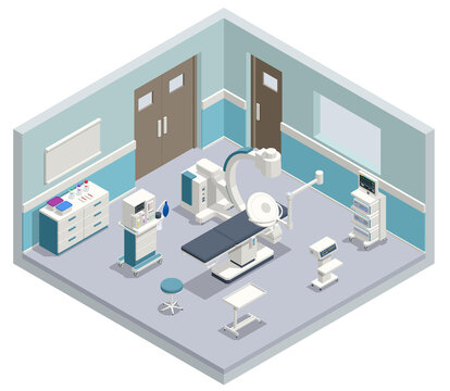 Isometric Equipment and Medical Devices in Modern Operating Room. Medical Devices for Neurosurgery. Vector illustration isolated on a white background.