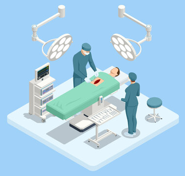 Isometric Equipment and Medical Devices in Modern Operating Room. Medical Team Performing Surgical Operation in Modern Operating Room