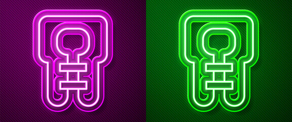 Glowing neon line Life jacket icon isolated on purple and green background. Life vest icon. Extreme sport. Sport equipment. Vector.