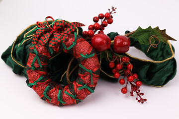 Christmas Ornaments for Decoration, Christmas Wreath, red Berries, Green Velvet Ribbon , White background