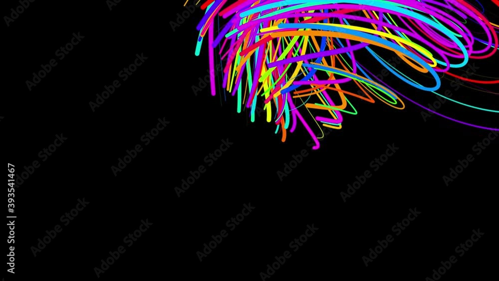 Poster colored lines or streaks swirling in spiral fly along swirling path. motion design bg of particles s