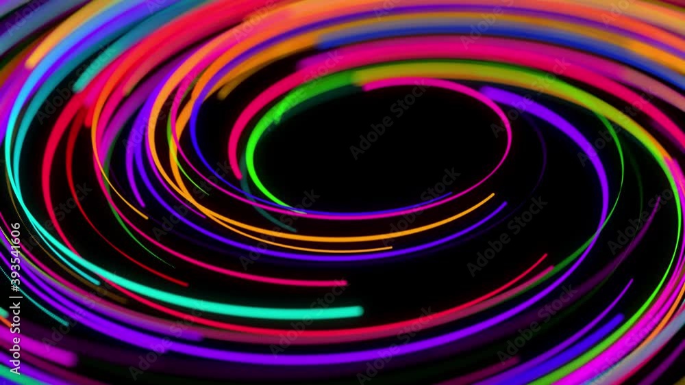 Poster colored lines or streaks swirling in spiral fly along swirling path. motion design bg of particles s