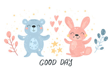 Greeting card cute cartoon Rabbit and bear with flower on a white background. Good day card