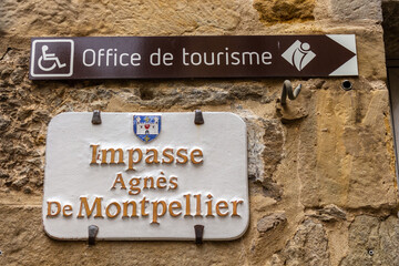 Carcassonne / France - March 15, 2020: Carcassonne Cité street sign Impasse Agnes de Montpellier...