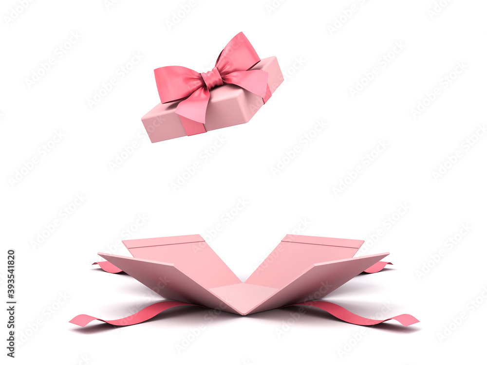Poster blank sweet pink pastel color present box or open gift box with pink ribbon and bow isolated on whit