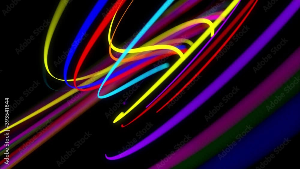 Poster colored lines or streaks swirling in spiral fly along swirling path. motion design bg of particles s