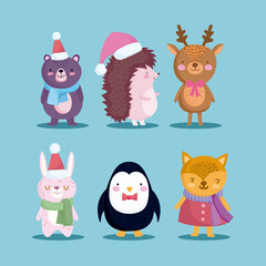 merry christmas, icons set hedgehog bear reindeer penguin and rabbit