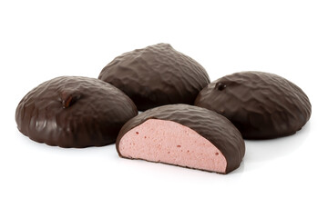 Raspberry marshmallow in chocolate on white background. Full depth of field. With clipping path.