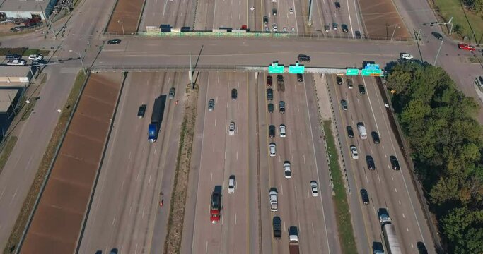 Aerial view of traffic on freeway. This video was filmed in 4k for best image quality.