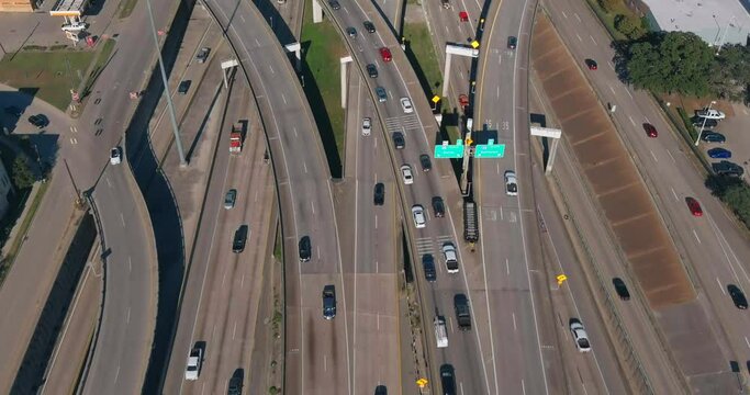 Birds eye view of traffic on 59 South and North freeway near downtown Houston. This video was filmed in 4k for best image quality.