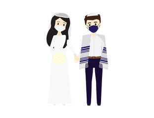 Young Jewish broom and bride wearing face masks and holding hands