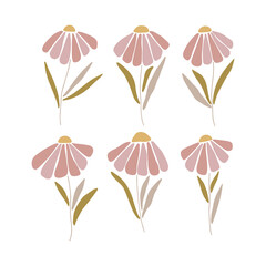 Chamomile silhouette clipart set. Marguerite flat vector illustration isolated white background. Contemporary botanical print, modern design element for cosmetics.