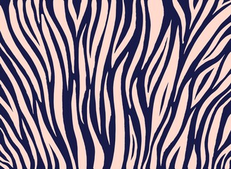 Zebra print, animal skin, tiger stripes, abstract pattern, line background. Amazing hand drawn vector illustration. Poster, banner. Dark blue, beige pastel colors