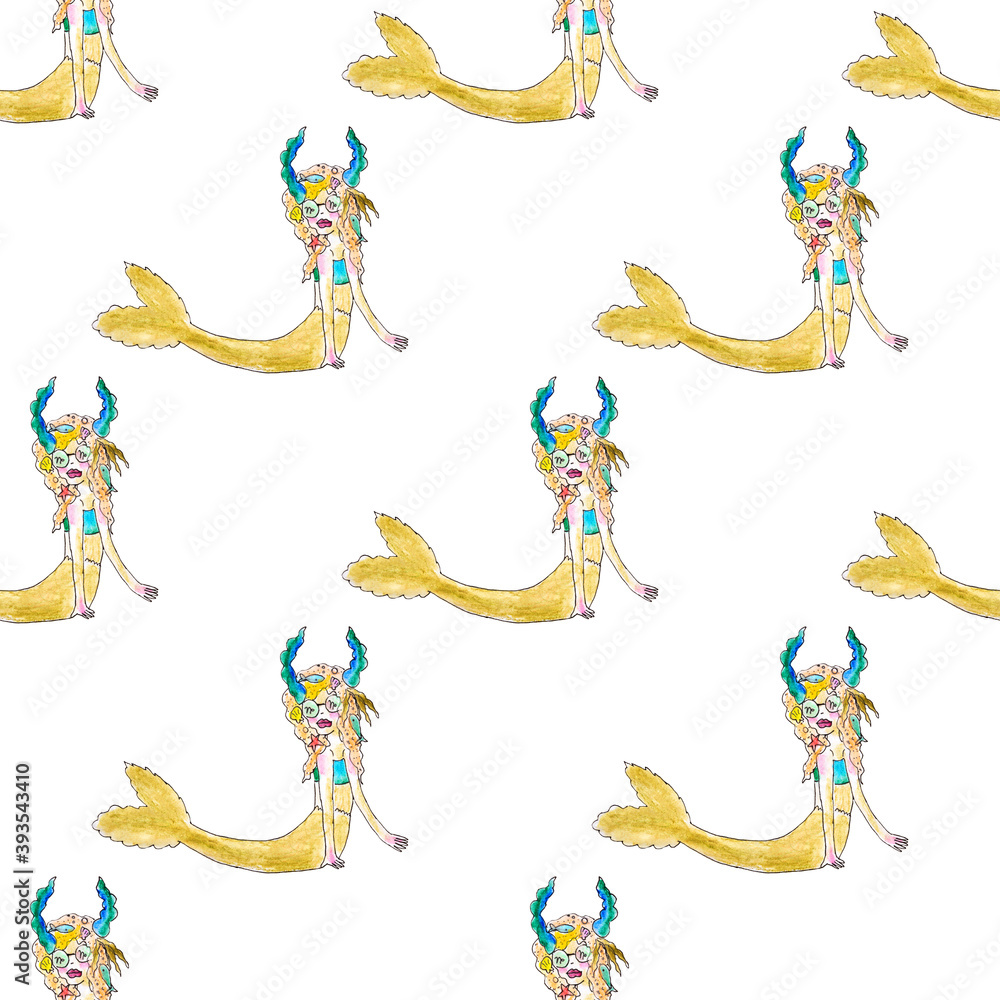 Poster seamless pattern with mermaid isolated on white background