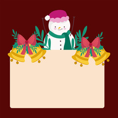 merry christmas snowman with golden bells and empty placard