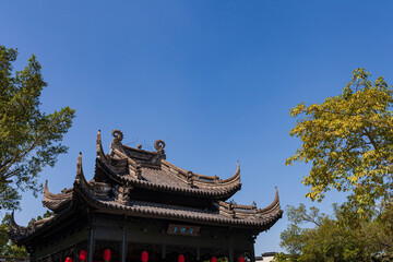 Chinese ancient buildings and house under the blue sky.