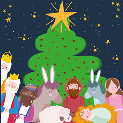 nativity, manger scene characters with tree and animals cartoon