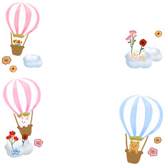 気球に乗った動物達と花のフレーム素材